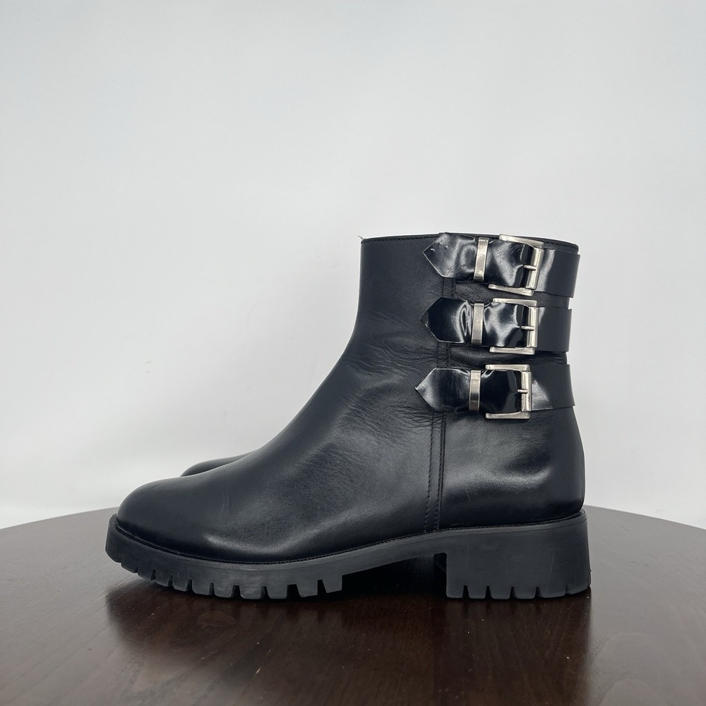 Napoleoni Boots Women 37 / 6.5 Black Leather Buckle Strap Moto Biker Combat Shoe
